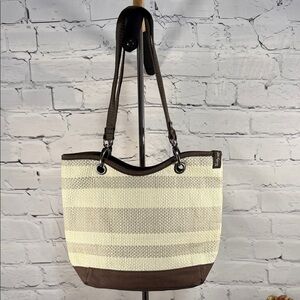Thirty-One Canvas Crew Mini Tote in Taupe Straw Stripe Pattern Brown Canvas Trim